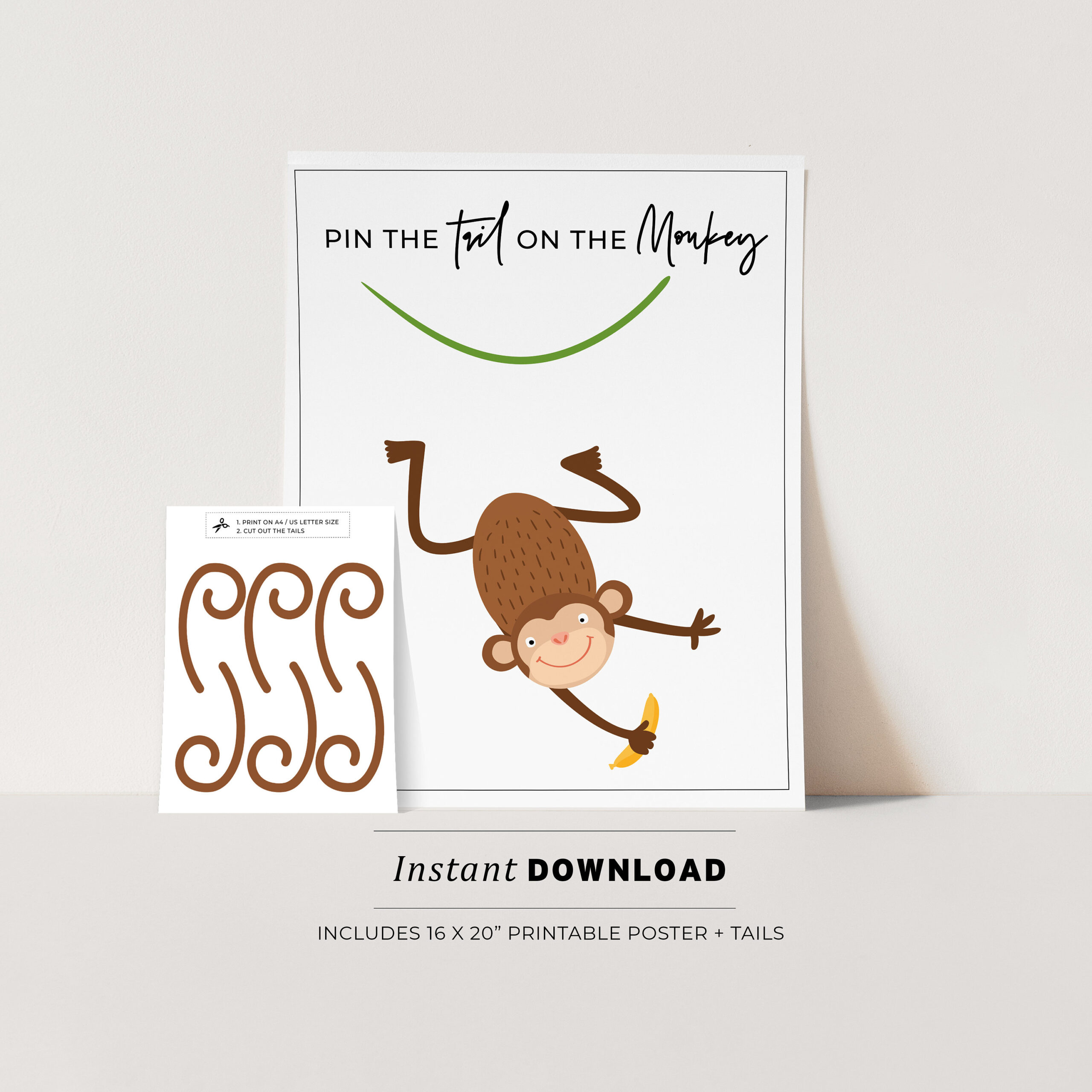 Pin The Tail On The Monkey Kids Party Game Printable Poster intended for Pin the Tail On the Monkey Free Printable