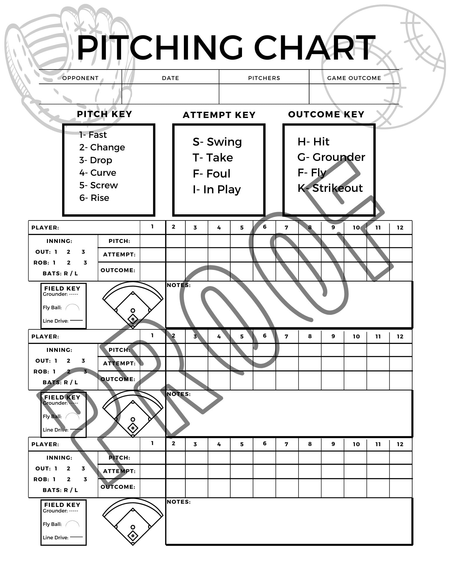 Pitching Chart For Softball/ Baseball, Baseball Pitching Charts with Free Printable Baseball Pitching Charts