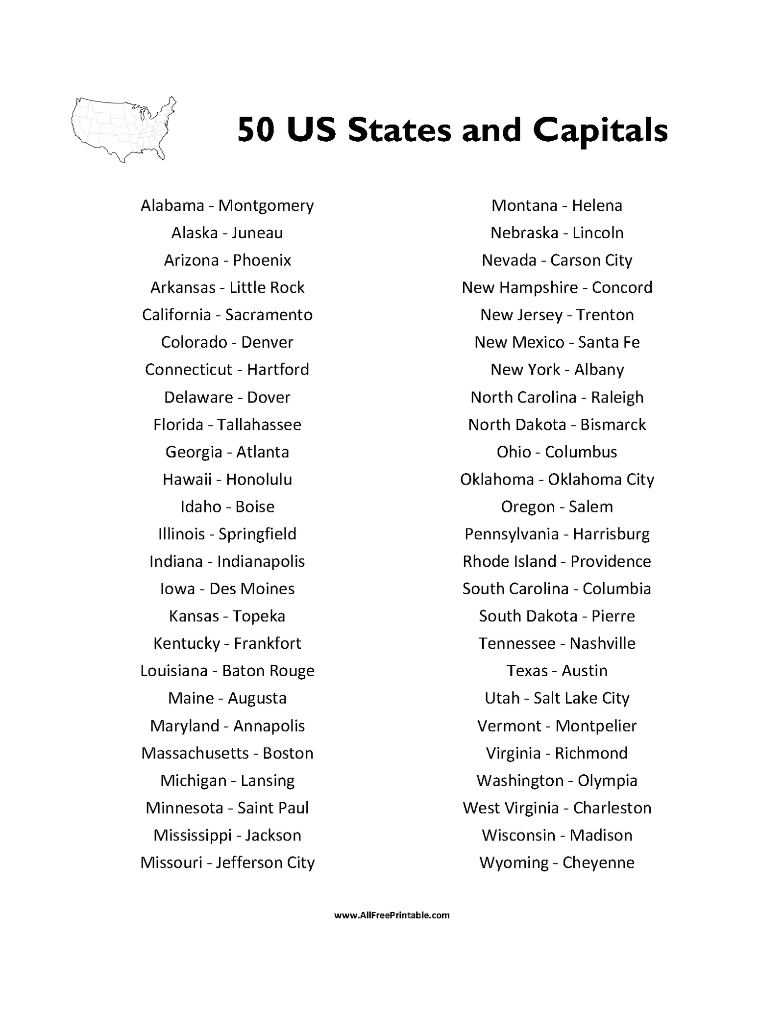 Print 50 States And Capitals List – Free Printable in Free Printable List of States and Capitals