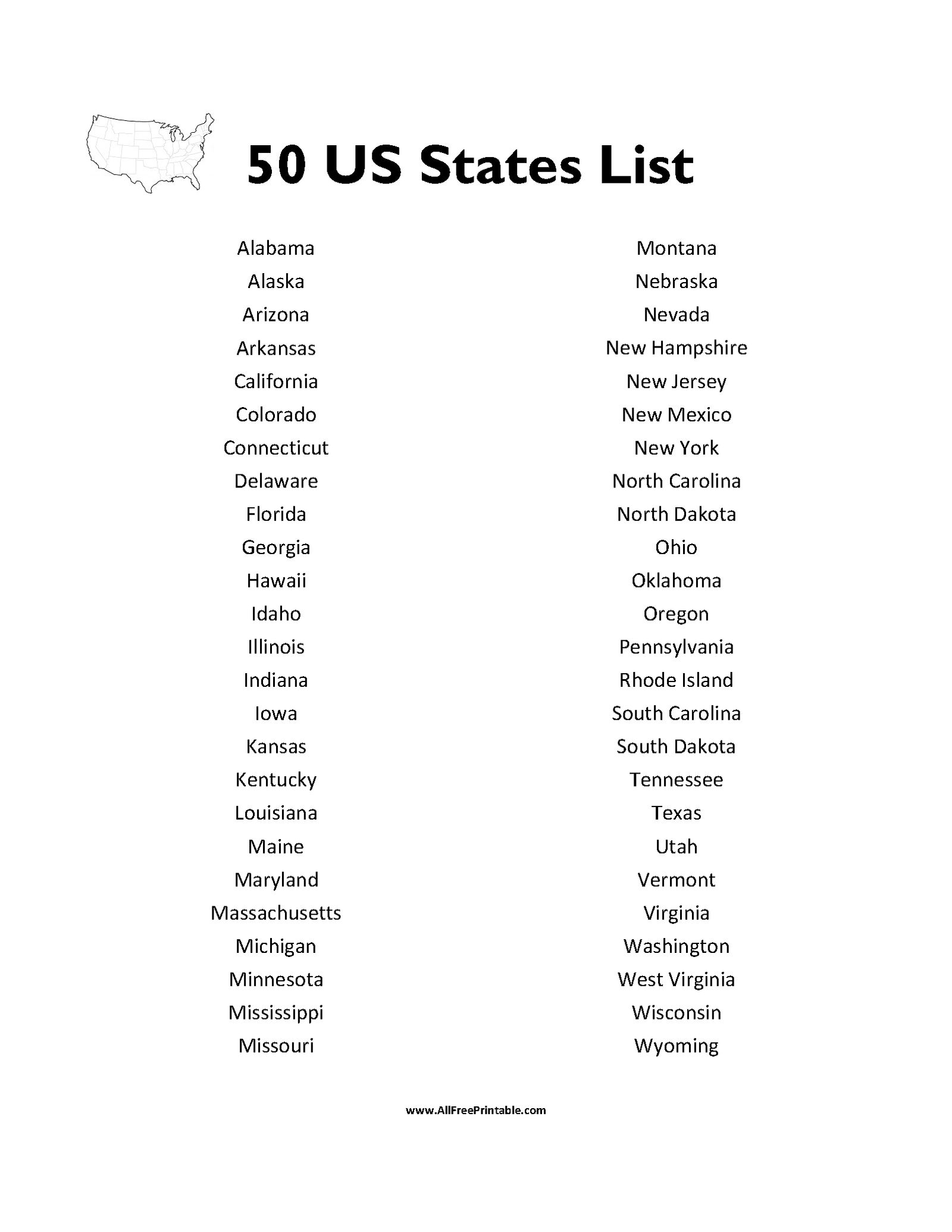 Print 50 States List – Free Printable with regard to Free Printable List Of 50 States