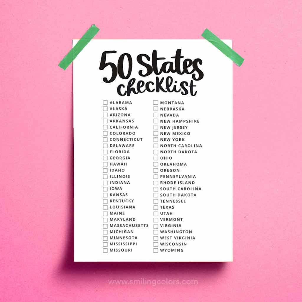 Printable 50 States Checklist - Smiling Colors intended for Free Printable List Of 50 States