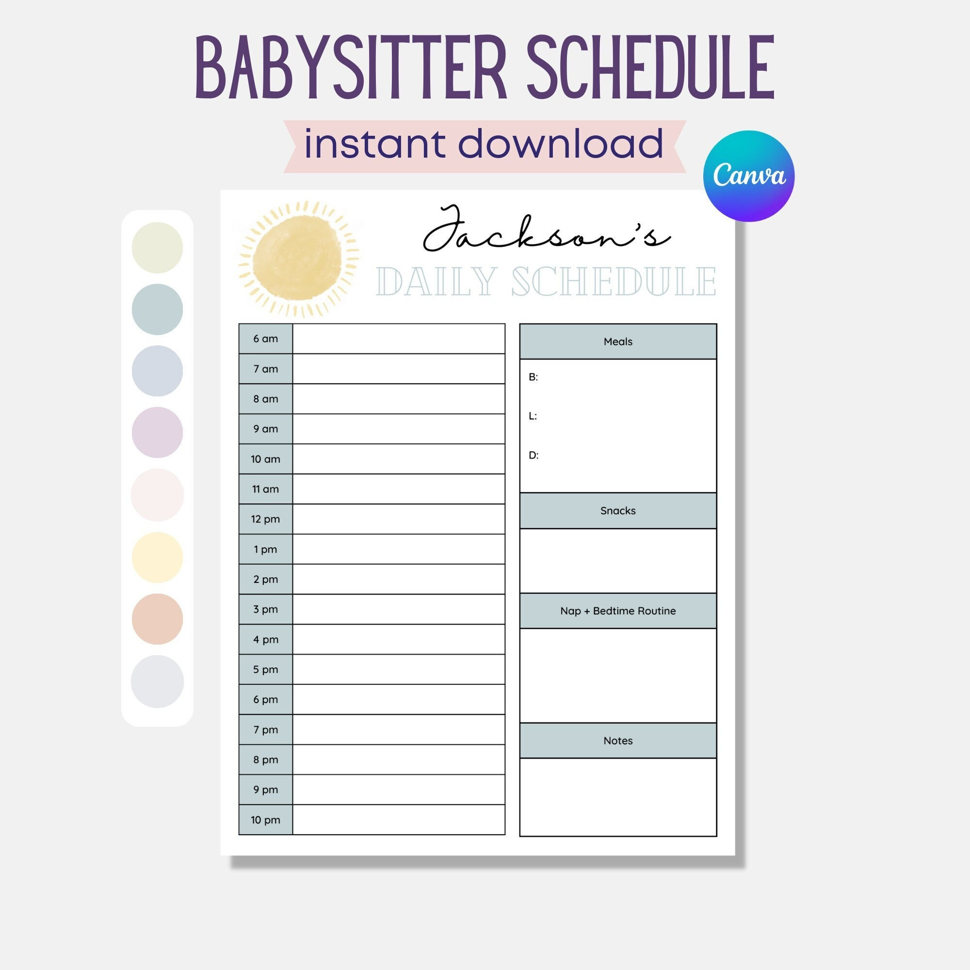 Printable Babysitter Schedule, Nanny Schedule, Infant Schedule with regard to Free Nanny Schedule Template