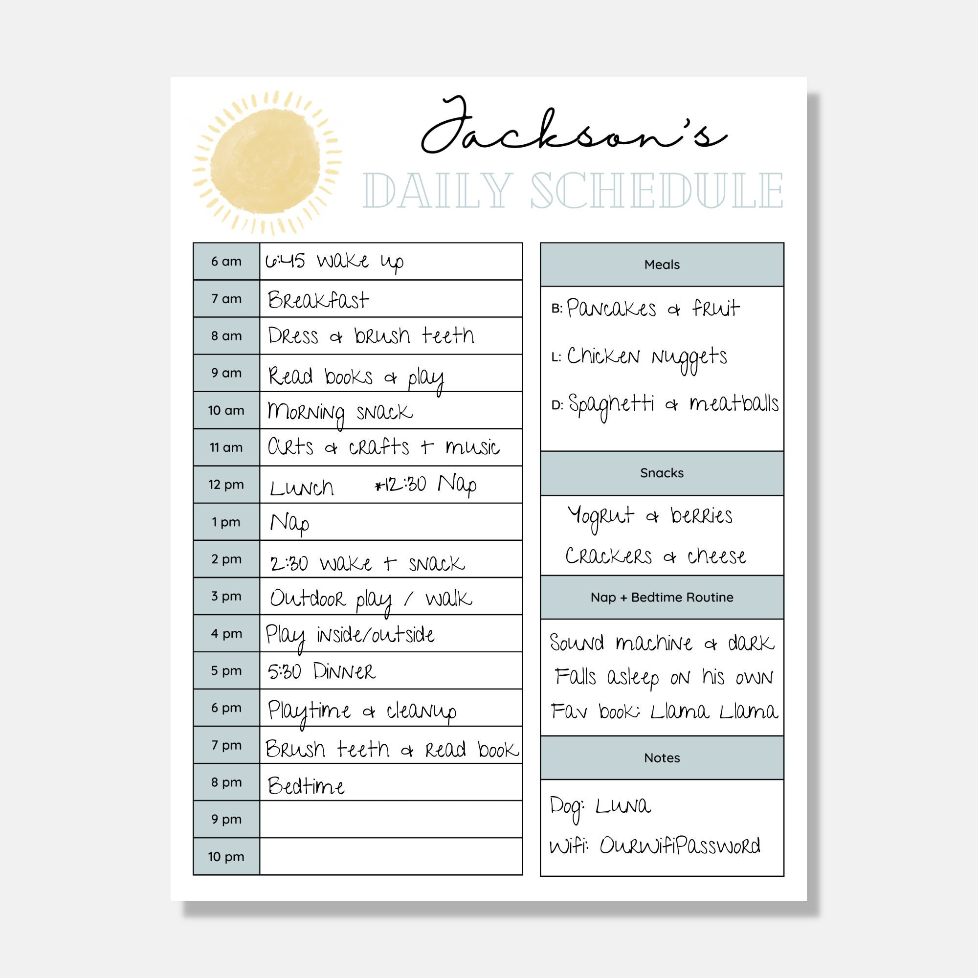 Printable Babysitter Schedule, Nanny Schedule, Infant Schedule within Free Nanny Schedule Template