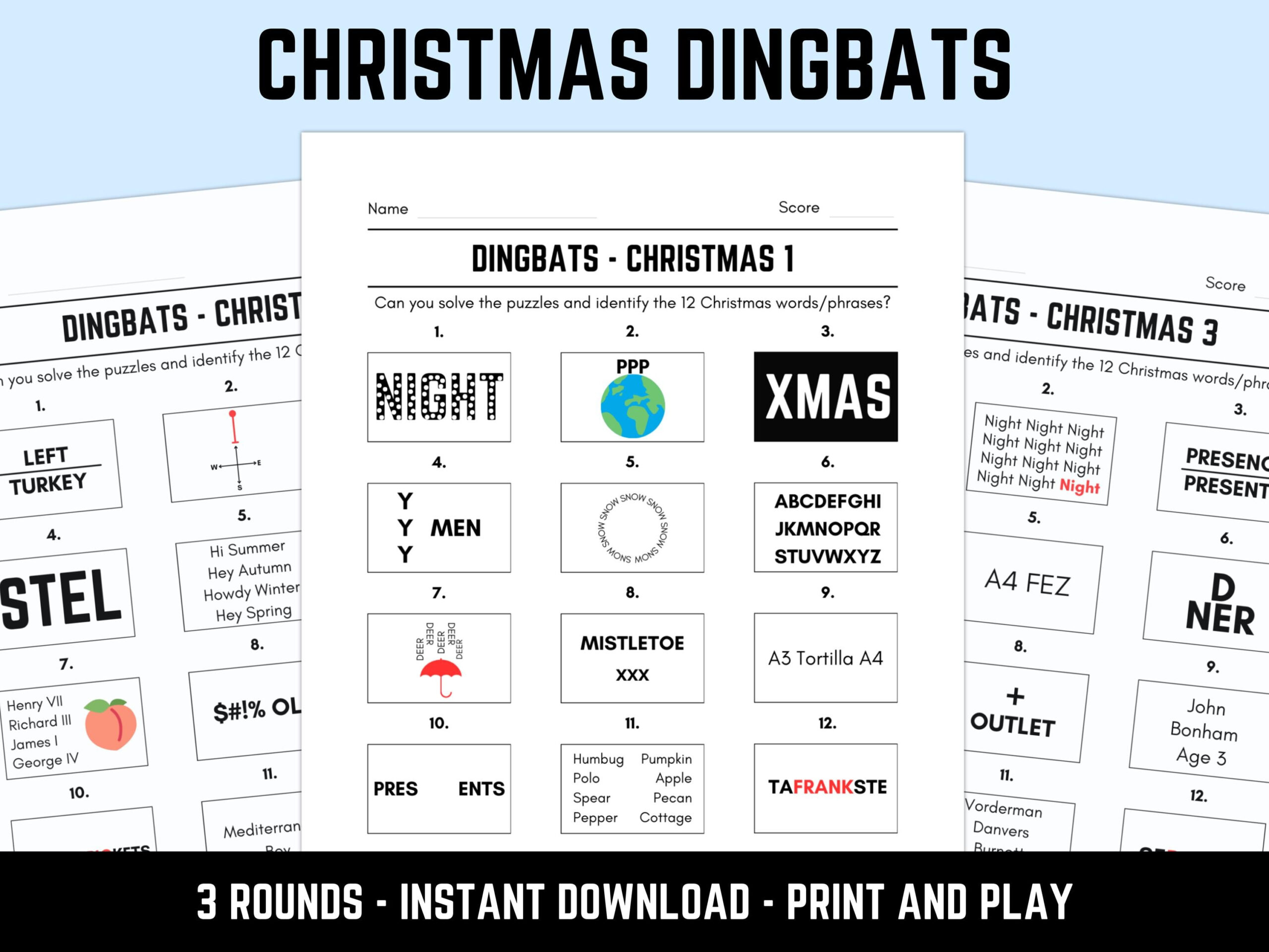 Printable Christmas Dingbats Picture Quiz With Answers: Instant Download Pdf inside Free Printable Christmas Dingbats