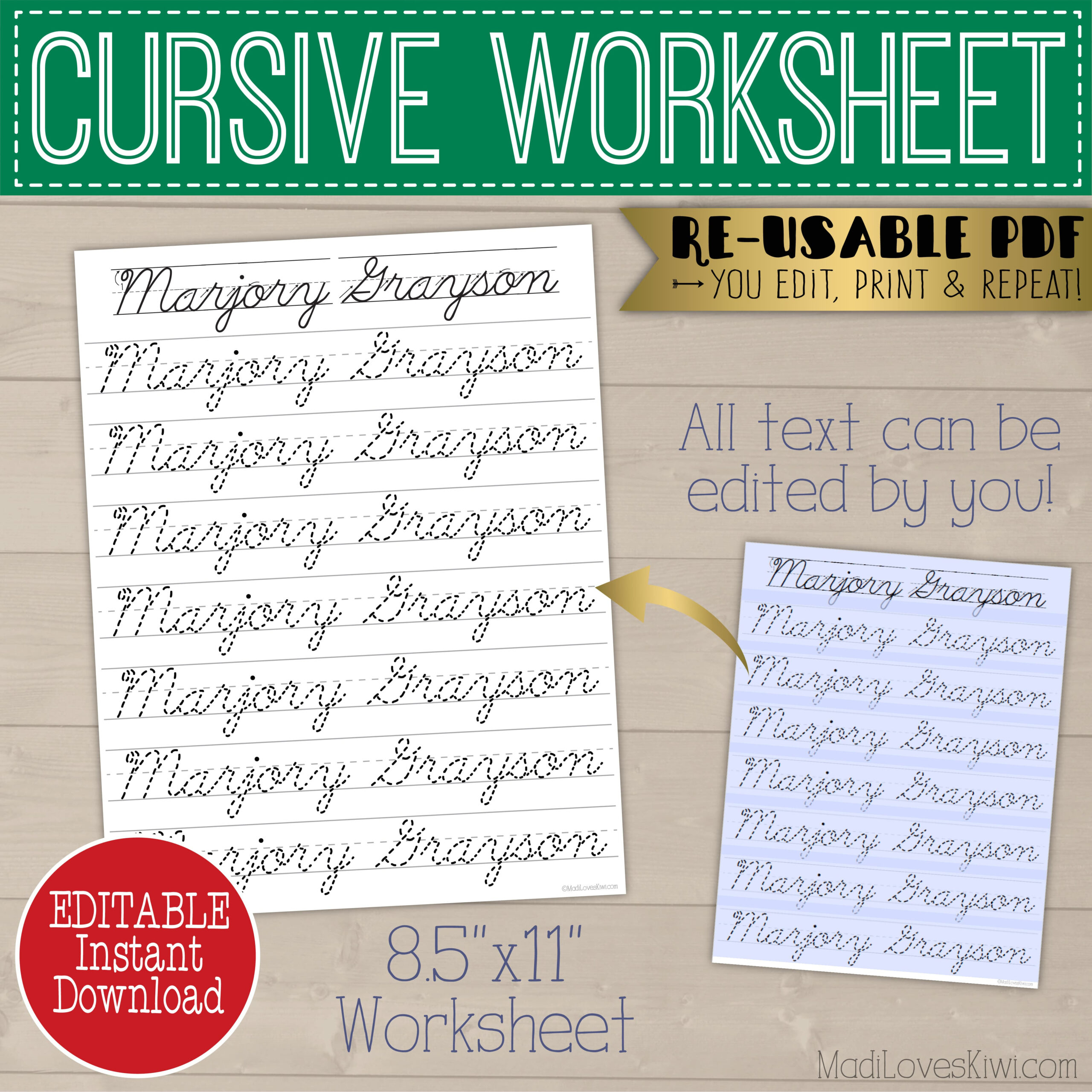 Printable Cursive Name Writing Worksheet, Editable Script in Free Printable Cursive Name Worksheets