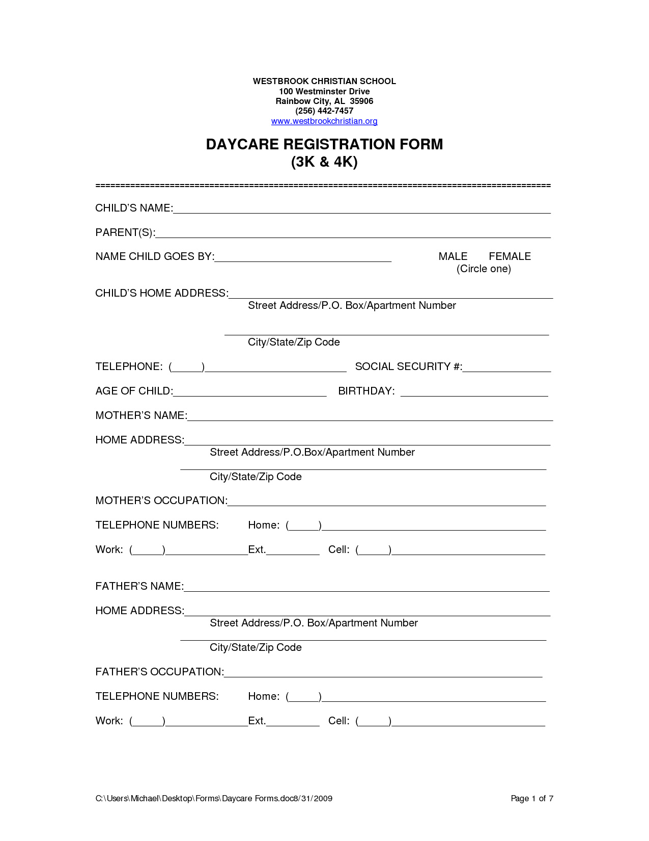 Printable Daycare Application Form For Parents - Printable Party pertaining to Free Printable Daycare Forms Templates