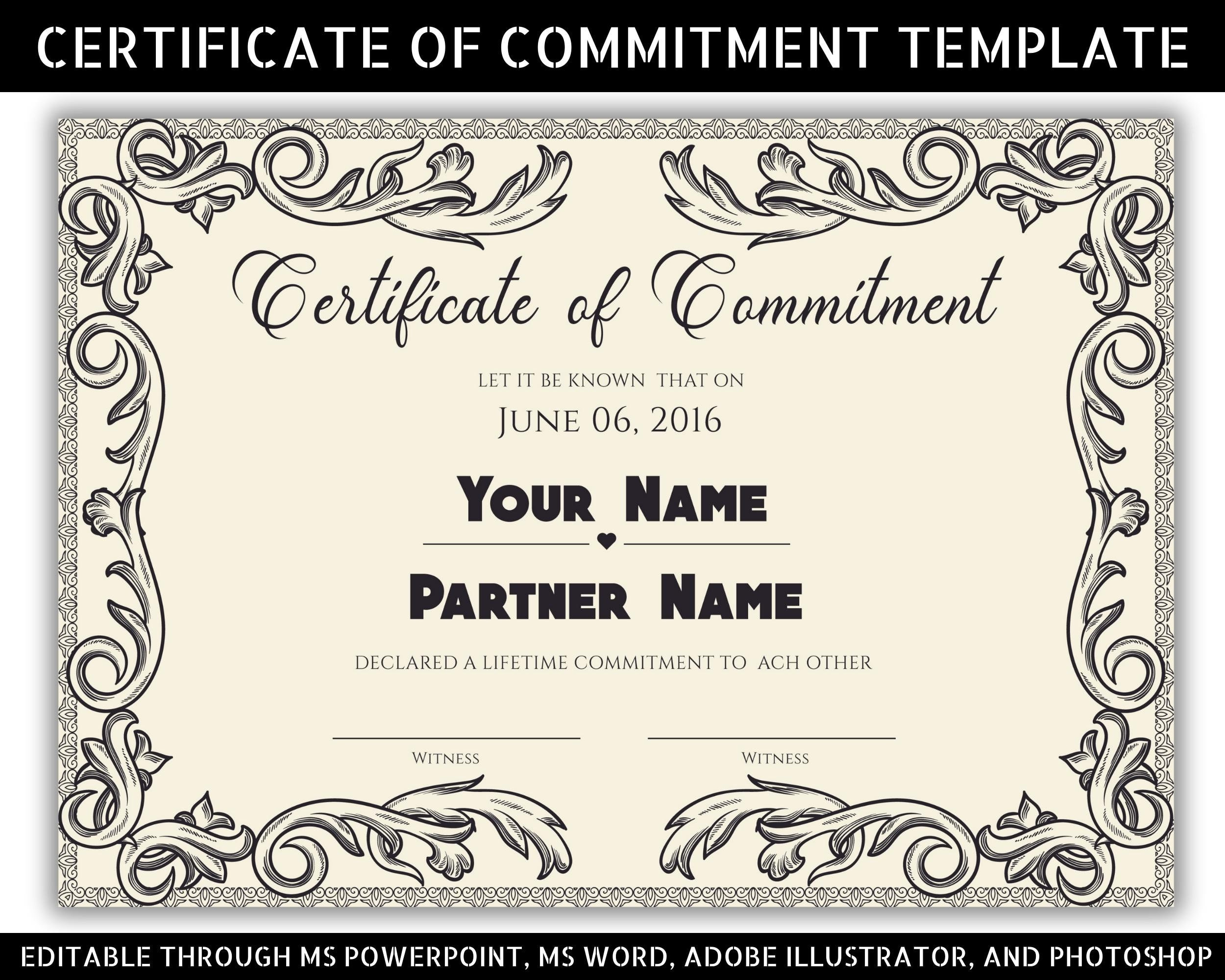 Printable Editable Certificate Of Commitment Template, Commitment pertaining to Commitment Certificate Free Printable
