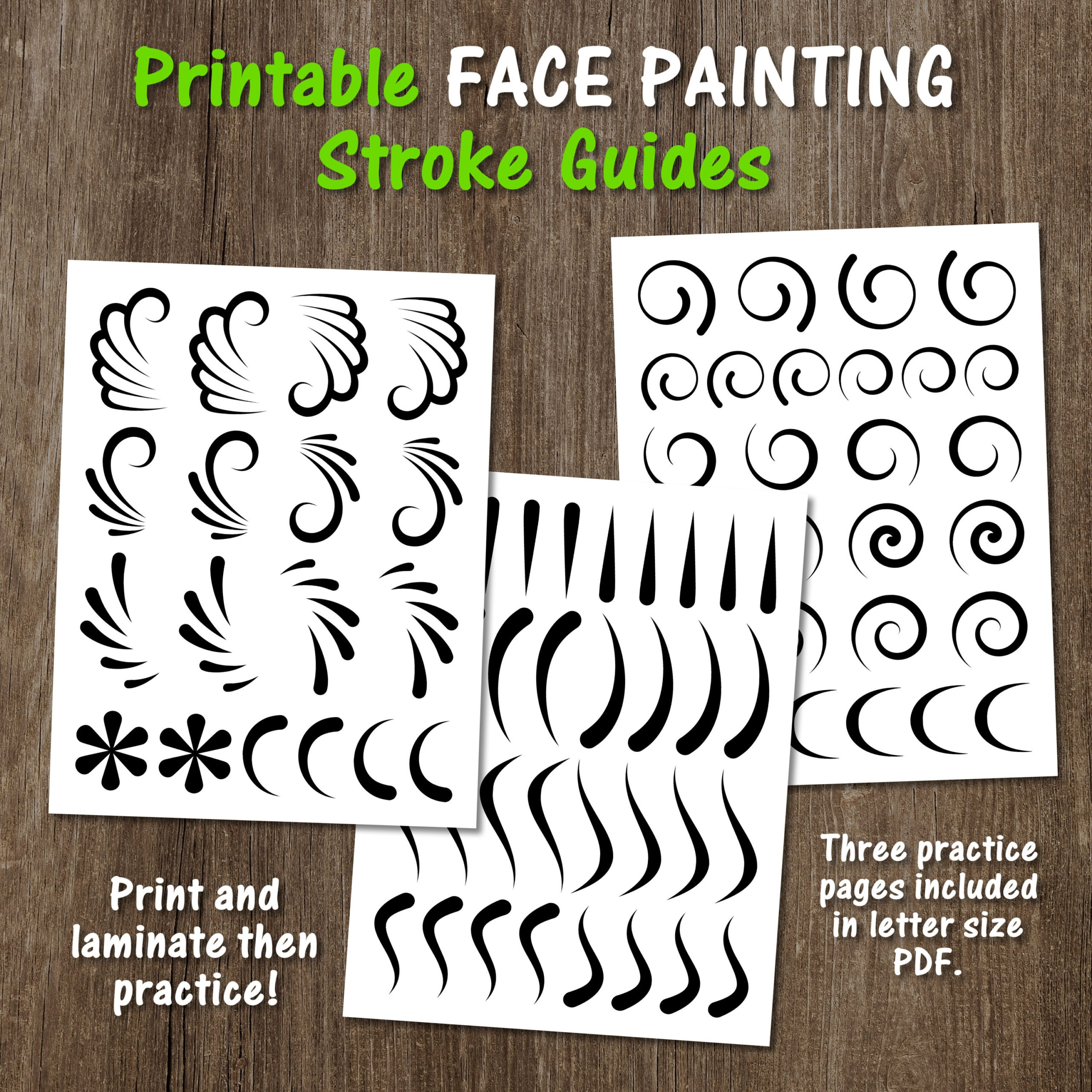 Printable Face Paint Practice Guides, Face Paint Practice Board, Face Paint Line Work Practice, Face Paint Practice Strokes, Traceable in Free Printable Face Painting Stencils