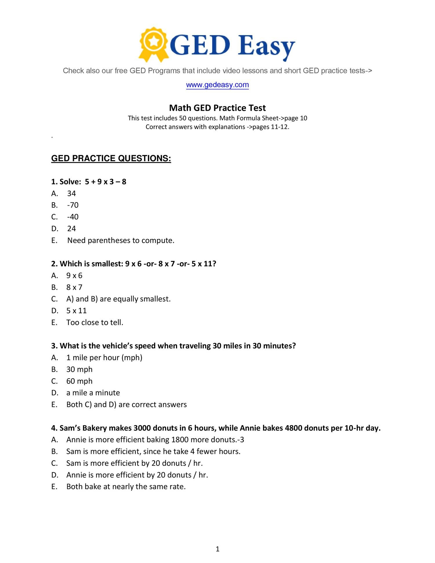 Printable Ged Math Practice Test - Worksheets Library with Free Ged Practice Test and Answers Printable