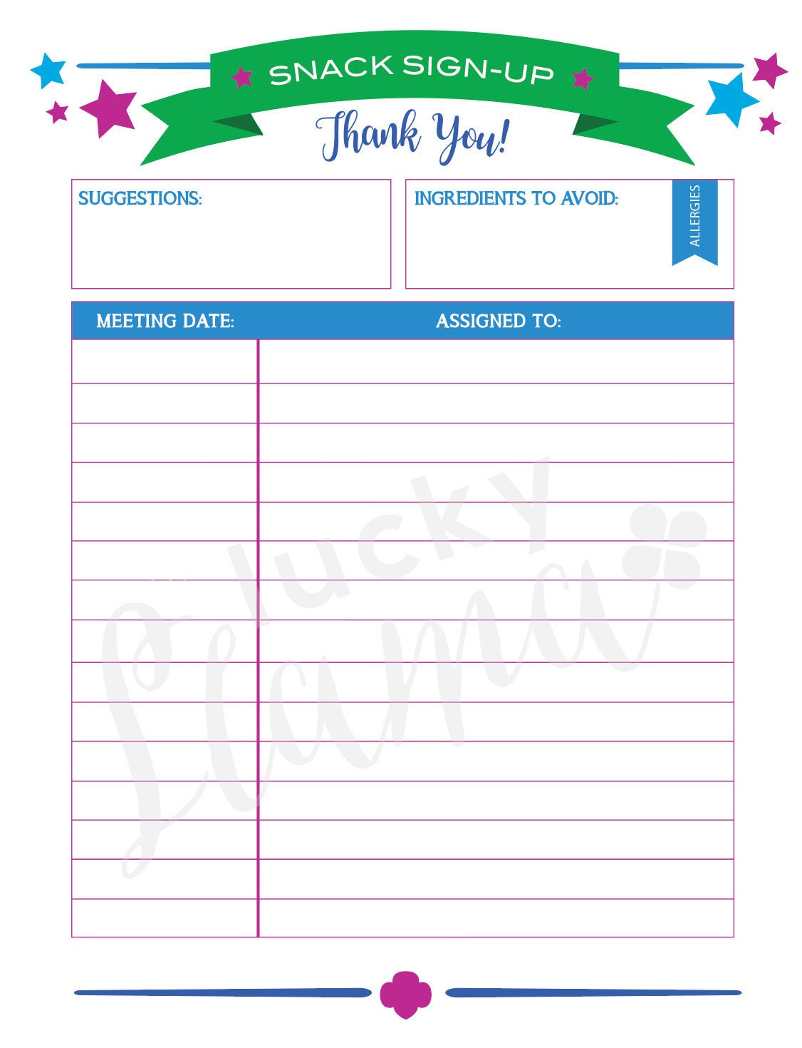 Printable Girl Scout Snack Sign-Up Sheet (Editable Version with Free Printable Snack Sign Up Sheet