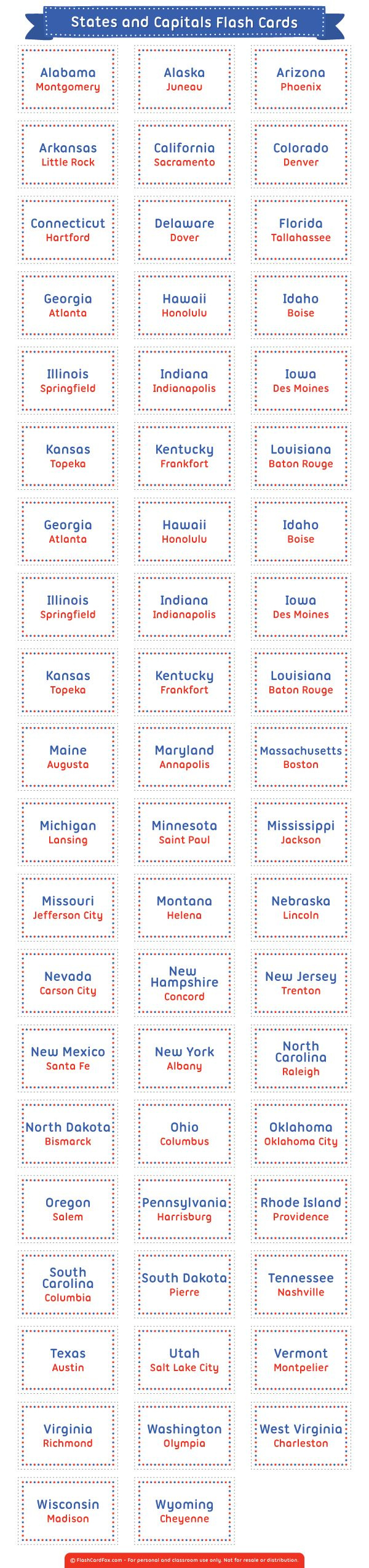 Printable States And Capitals Flash Cards with regard to Free Printable List of States and Capitals
