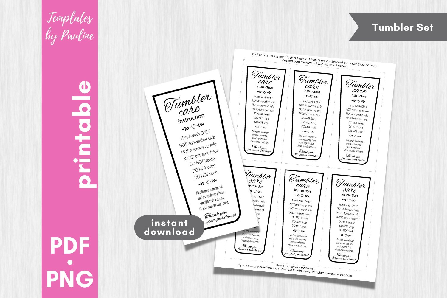 Printable Sublimation Tumbler Care Card. Hand Wash Only Tag. for Free Printable Tumbler Care Cards