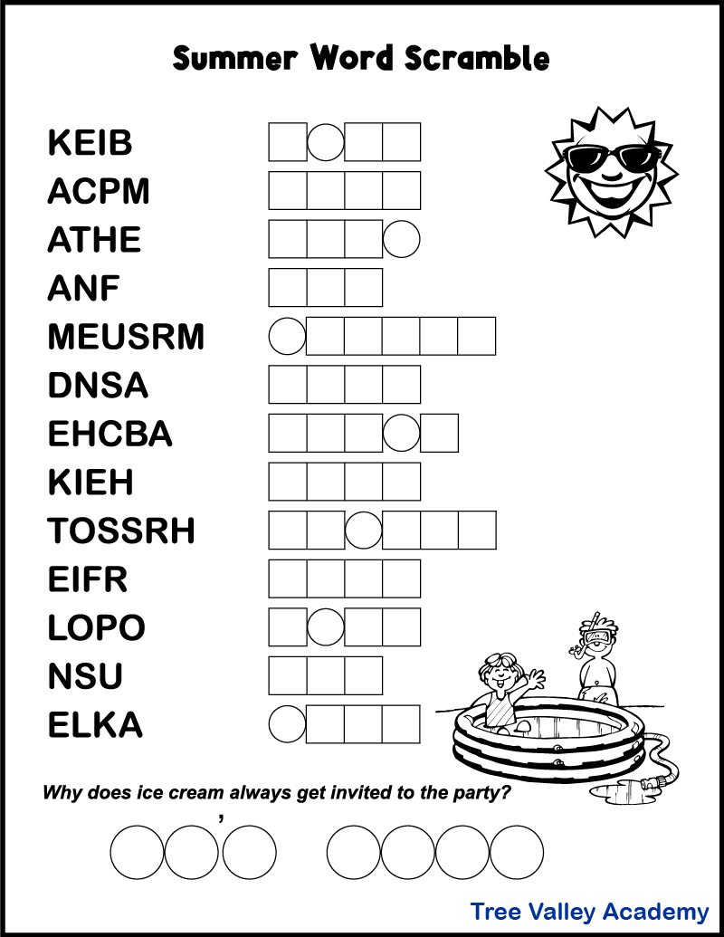 Printable Summer Word Scrambles For Kids - Tree Valley Academy pertaining to Free Printable Jumble Games