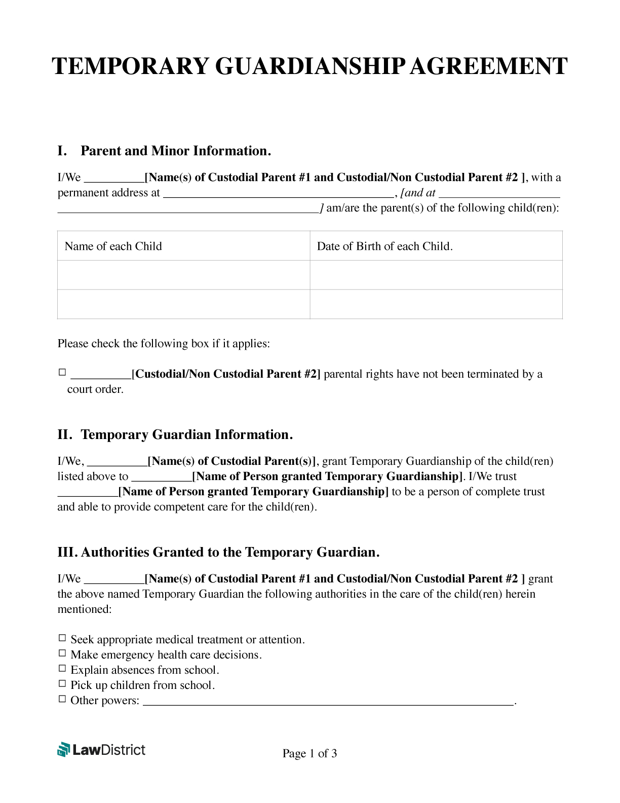 Printable Temporary Guardianship Form | Free Pdf &amp;amp; Word | Lawdistrict for Free Printable Guardianship Forms
