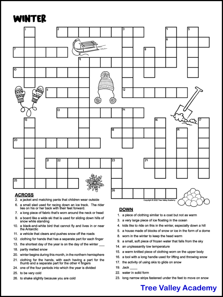 Printable Winter Crossword Puzzles For Kids - Tree Valley Academy for Free Printable Crossword Puzzles Medium Difficulty With Answers