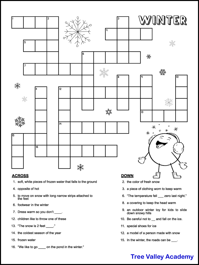 Printable Winter Crossword Puzzles For Kids - Tree Valley Academy throughout Free Printable Themed Crosswords