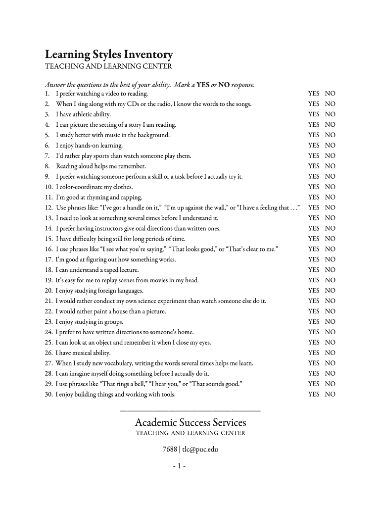 Puc Learning Styles Inventory Form Pdf - Fill Online, Printable regarding Free Printable Learning Styles Questionnaire