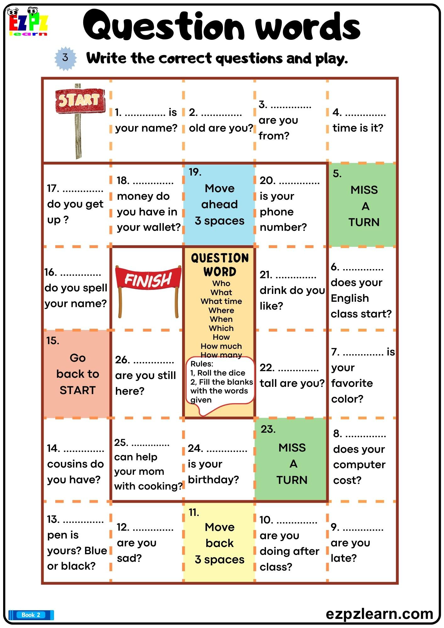 Question Words Play The Game. Complete The Sentences With The for Free Printable English Games