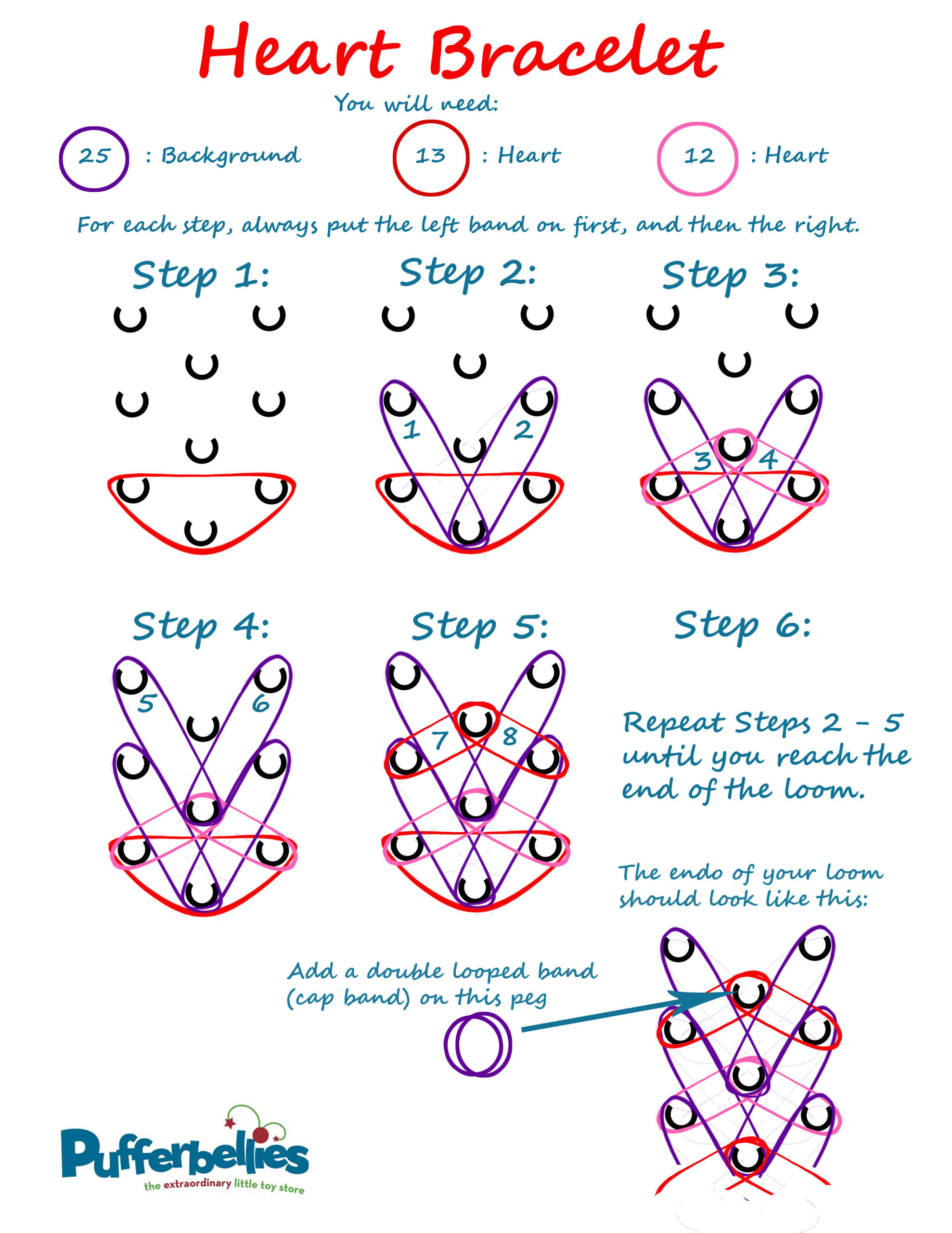 Rainbow Loom Heart Bracelet – Written Instructions | Pufferbellies in Free Printable Loom Band Patterns