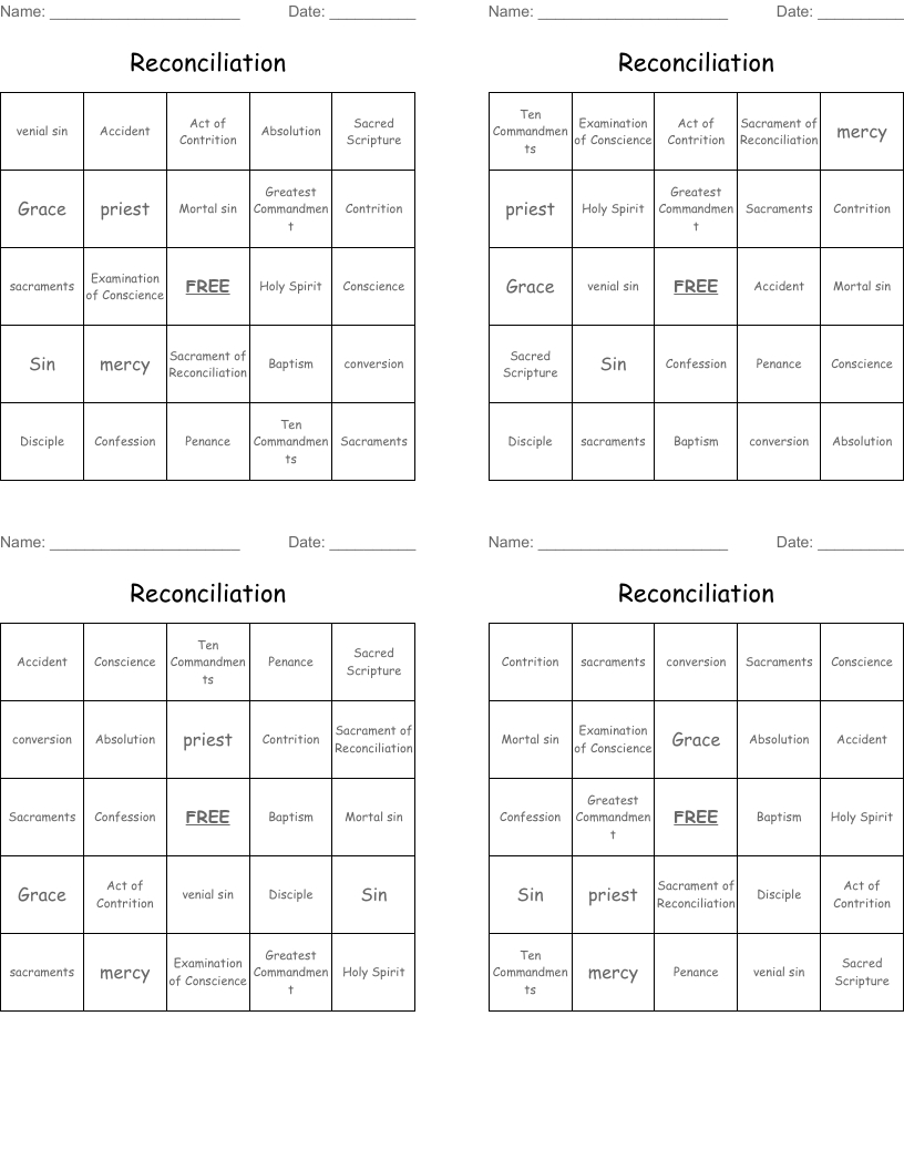 Reconciliation Bingo Cards - Wordmint inside Free Printable Reconciliation Cards