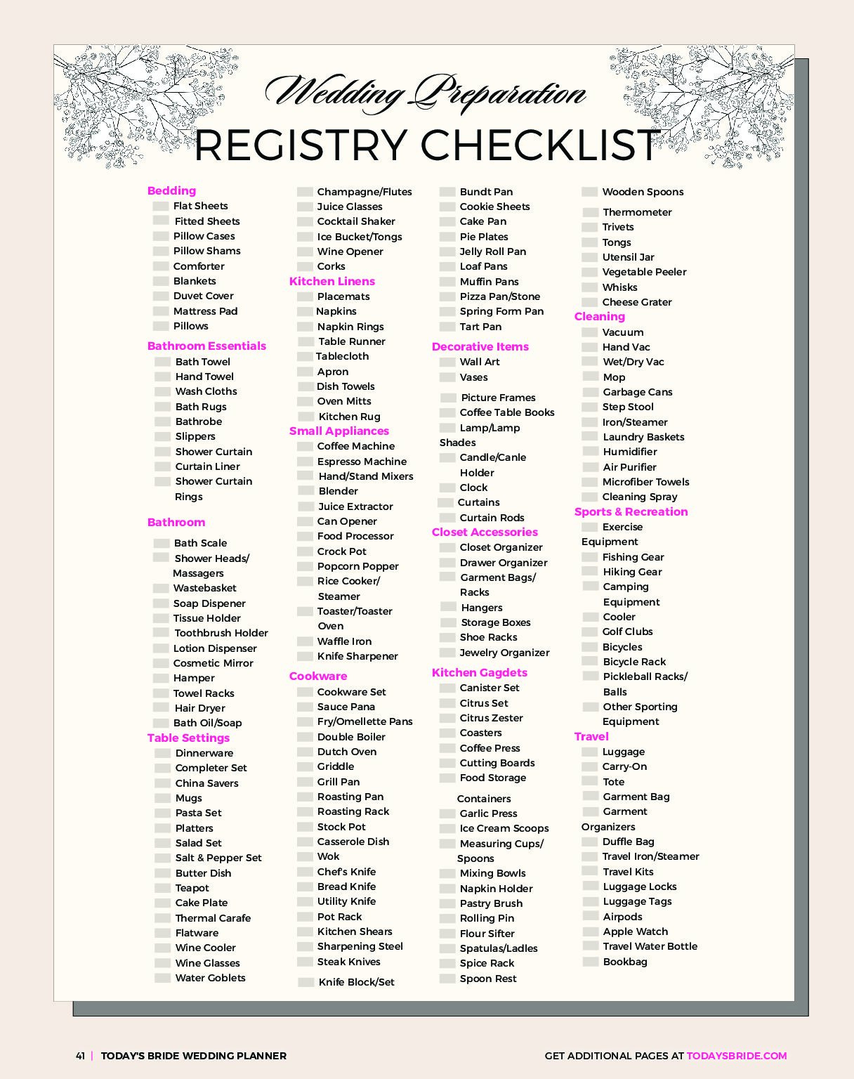 Registry Checklist | Today&amp;#039;S Bride in Free Printable Wedding Registry Checklist