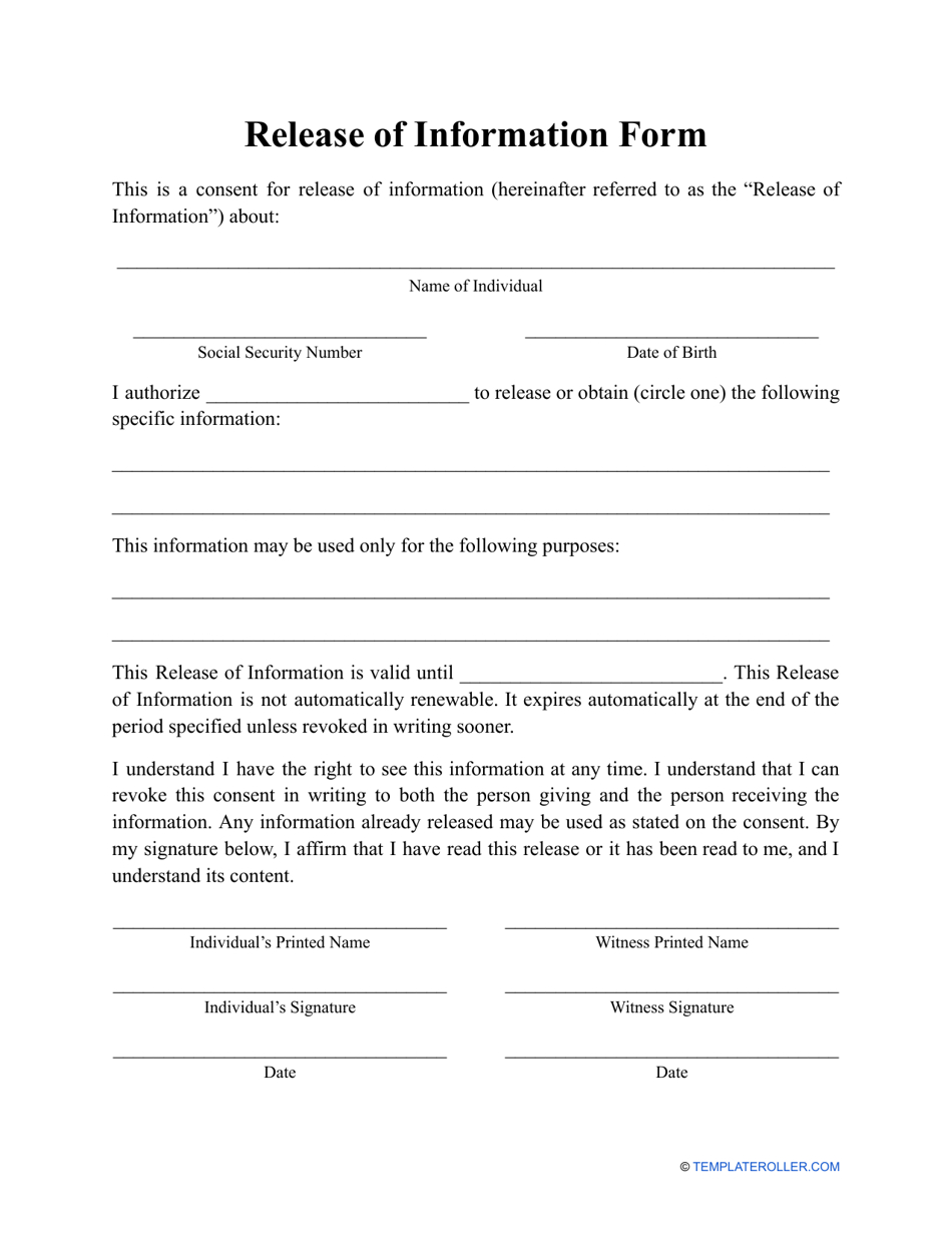 Release Of Information Form - Fill Out, Sign Online And Download intended for Free General Release of Information Form Template Word