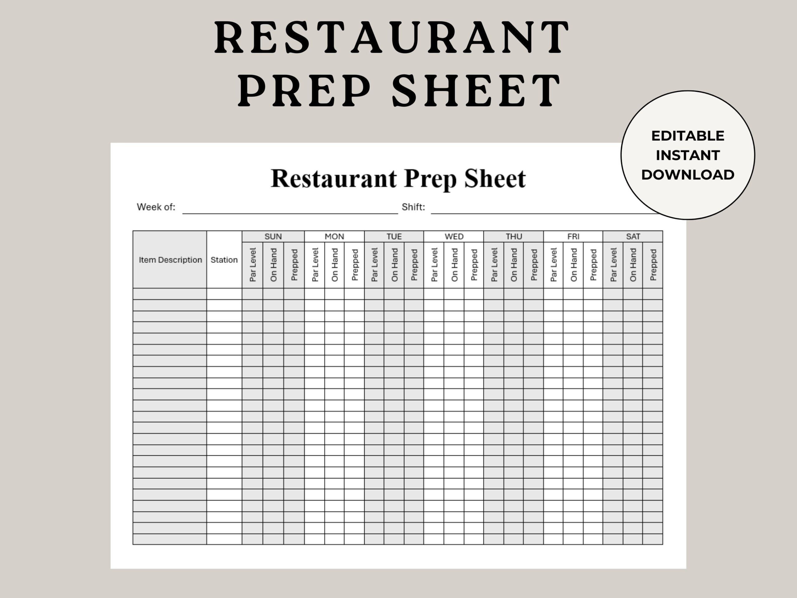 Restaurant Prep Sheet, Food Prep Chart, Food Prep Sheet intended for Restaurant Prep List Template Free