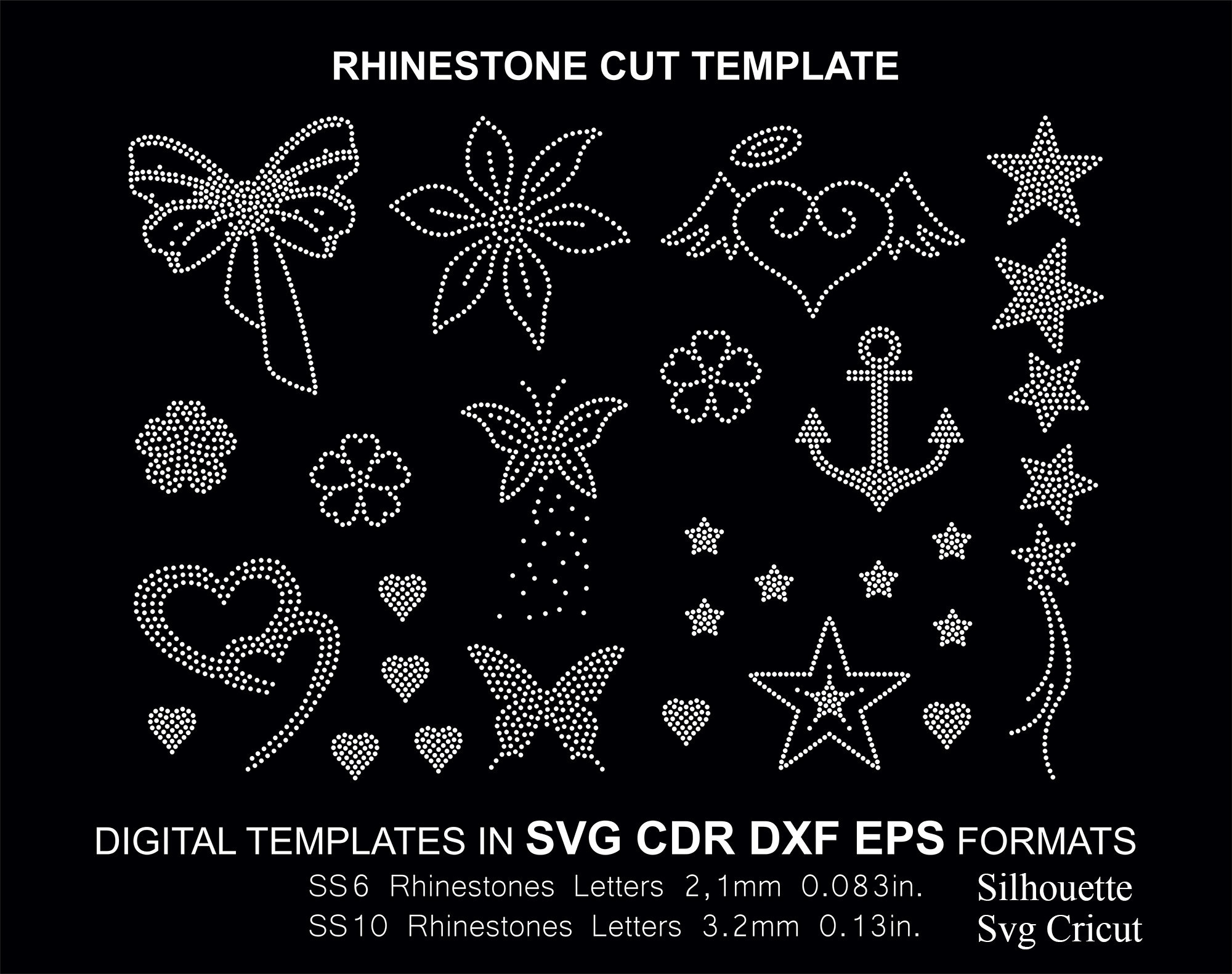 Rhinestone Random 12 Design Cut Template Set Ss06 Ss10 Svg Cdr Eps intended for Free Printable Bedazzler Patterns