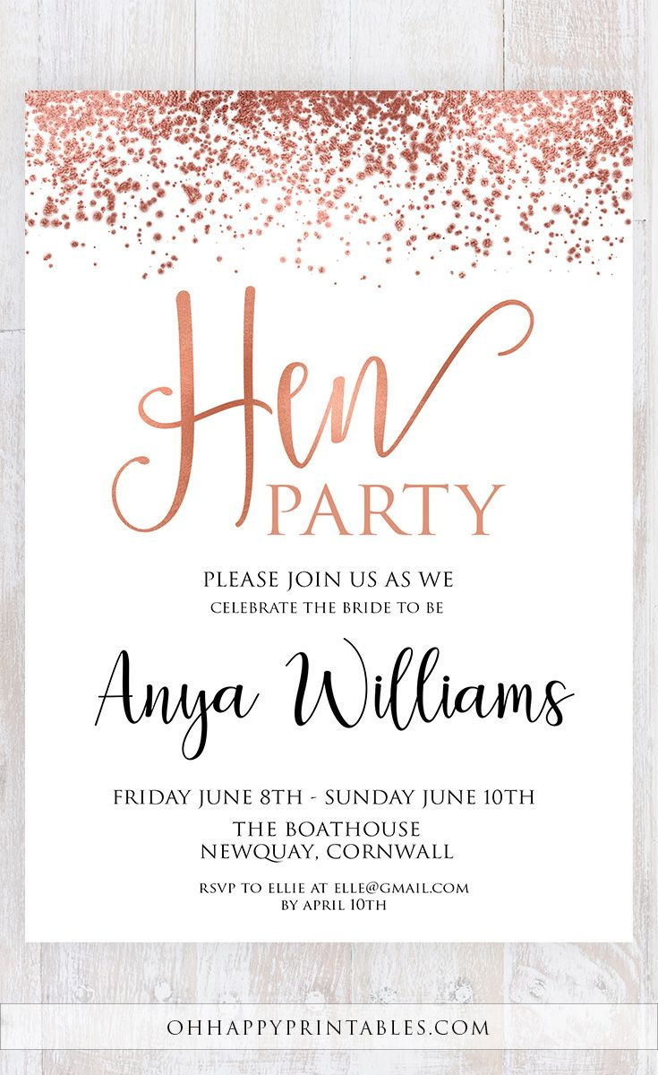 Rose Gold Hen Party Invitation, Hen Do Invite Editable Template within Free Hen Party Templates