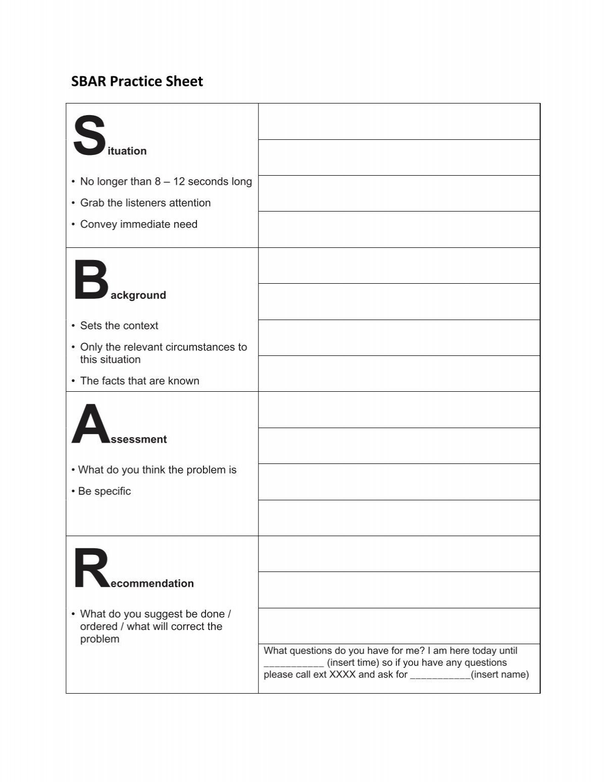 Sbar Practice Sheet inside Free Blank Sbar Template