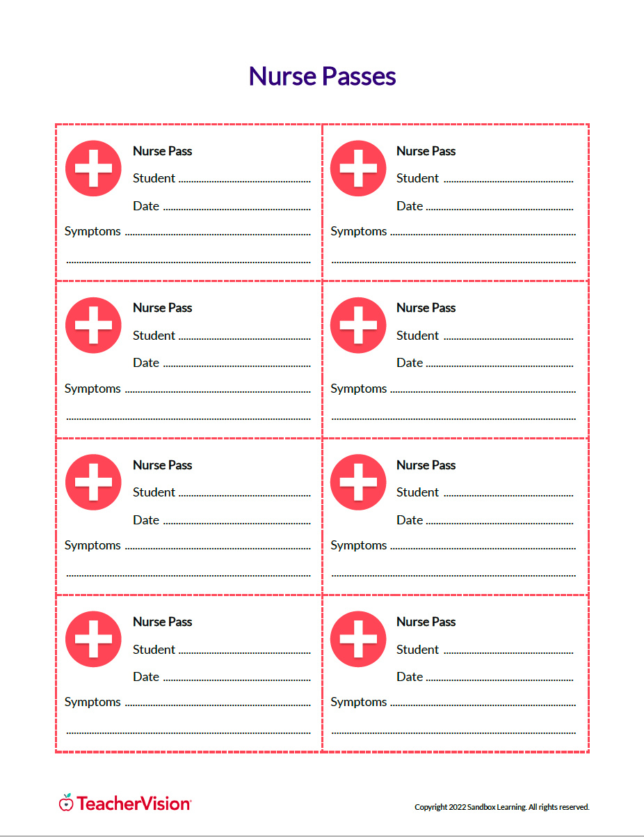 School Nurse Passes For Students - Teachervision within Nurse Passes Printable Free