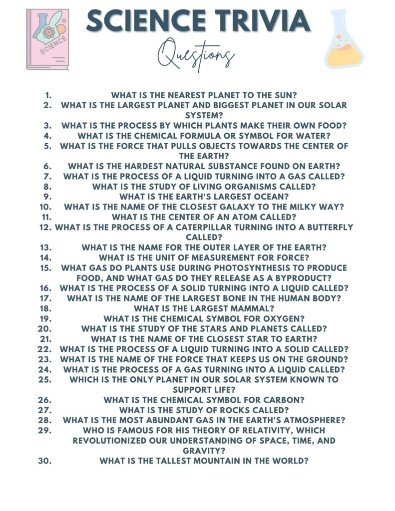 Science Trivia Questions For Kids With Printable Q And A Sheet throughout Free Printable Trivia Questions and Answers