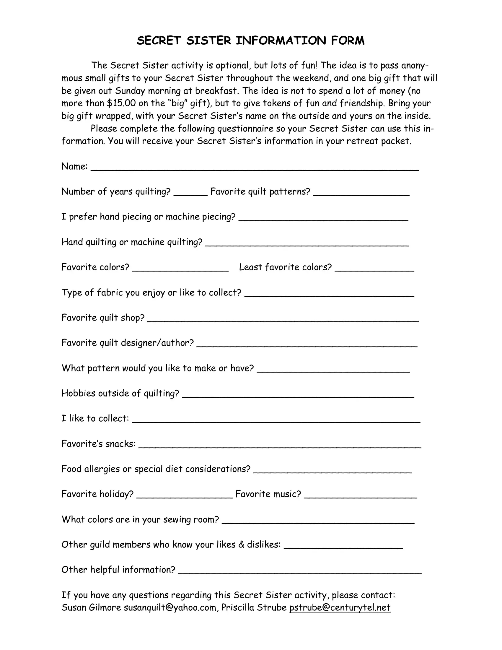 Secret Sister Form ≡ Fill Out Printable Pdf Forms Online throughout Free Printable Secret Sister Questionnaire