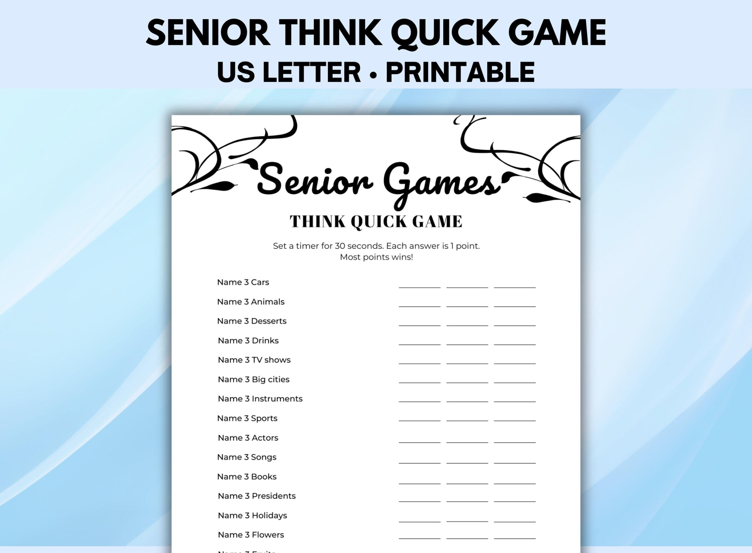 Senior Think Quick Game, Printable Games For Seniors, Ice Breaker intended for Free Printable Games For Seniors