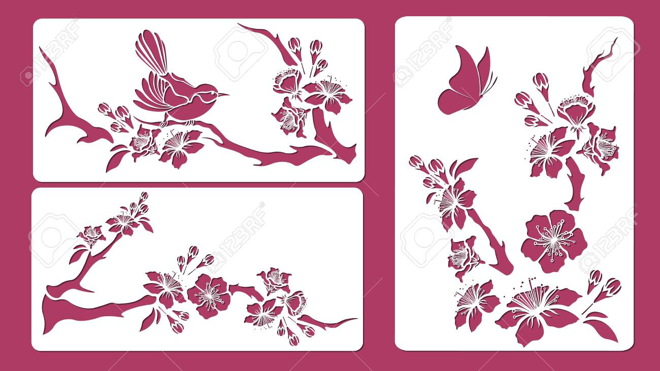 Set Of Stencils. Blossom Cherry Branch. Sakura. Bird On The inside Free Printable Cherry Blossom Stencil