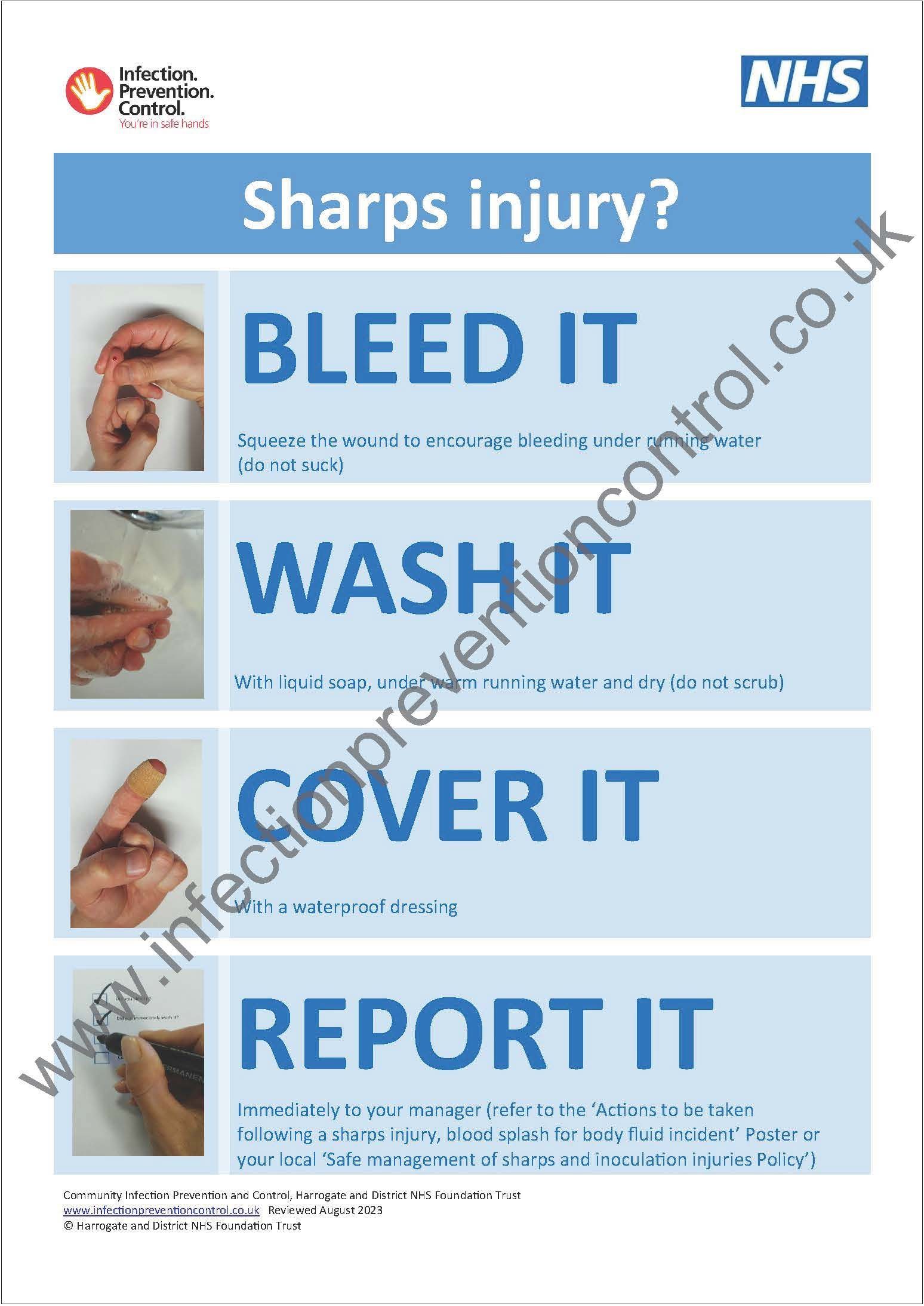 Sharps Injury Poster (Bleed It, Wash It, Cover It, Report It with Free Printable Infection Control Posters