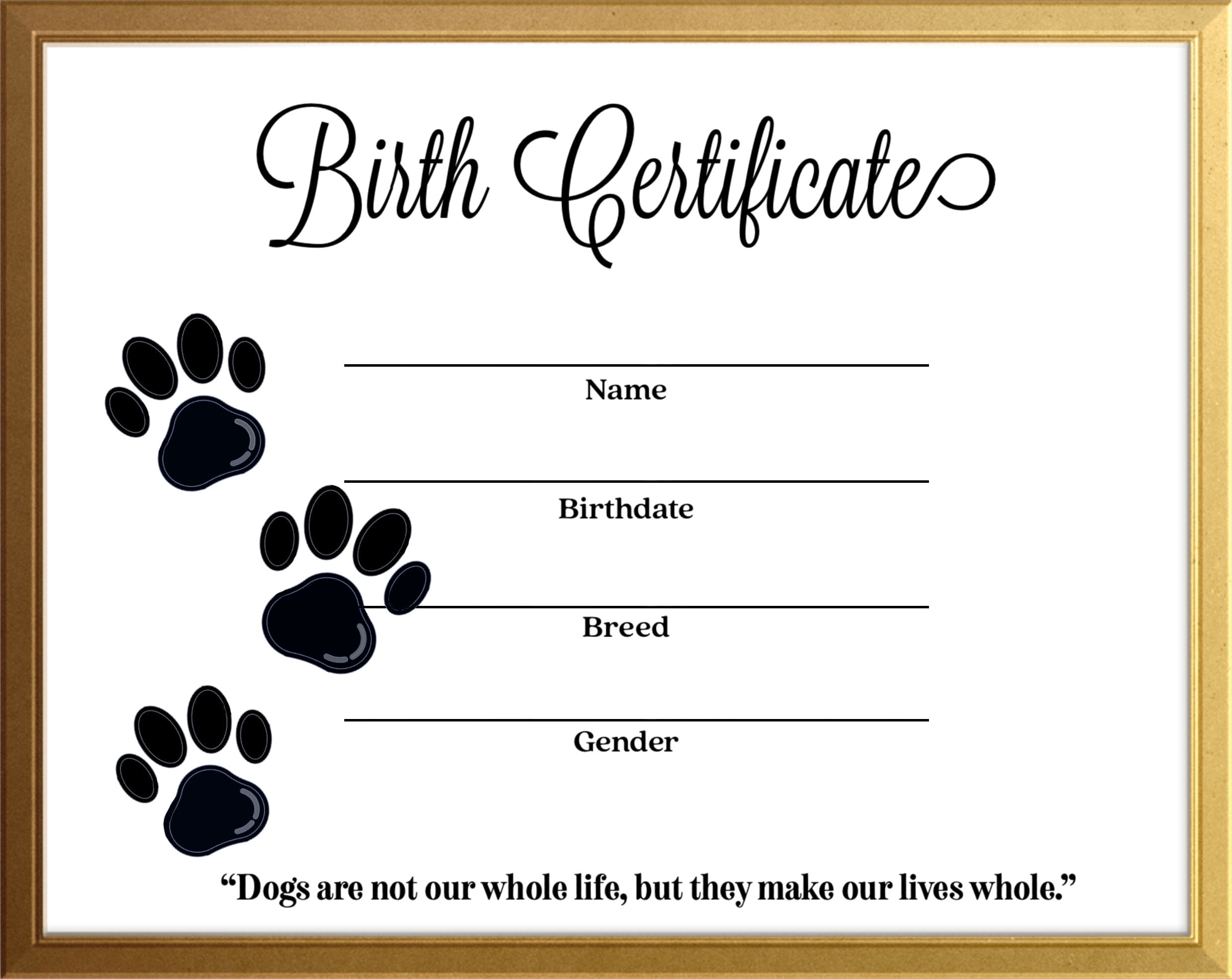 Simple Dog Canine Birth Certificate Instant Download Printable with Free Printable Birth Certificates For Puppies