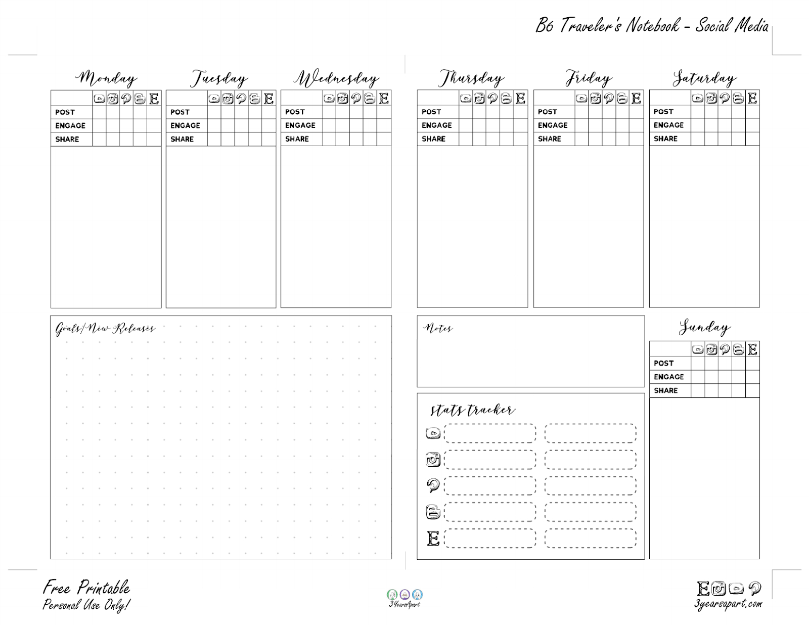 Social Media Planner Inserts | Free Printable For Traveler'S for Free B6 Printables