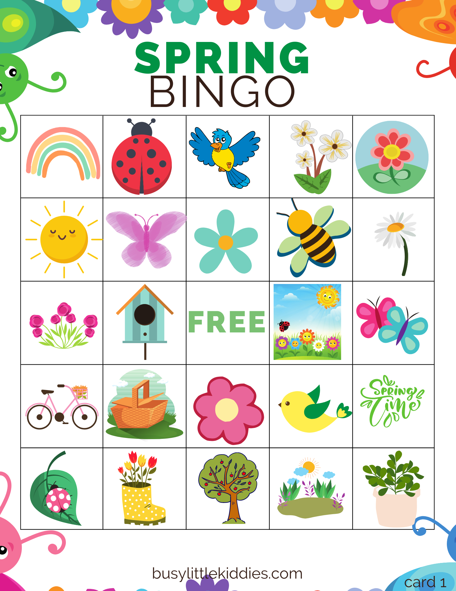 Spring Bingo Free Printable For Kids 4 Players - Busy Little Kiddies in Spring Bingo Free Printable