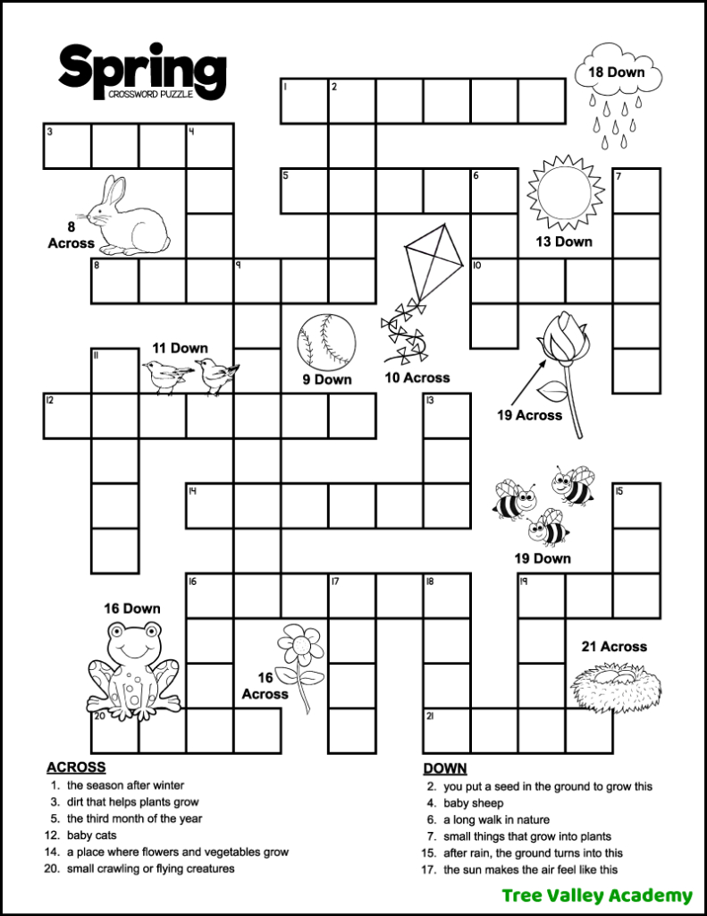 Spring Crossword Puzzles For Kids - Tree Valley Academy intended for Free Printable Crosswords For Beginners
