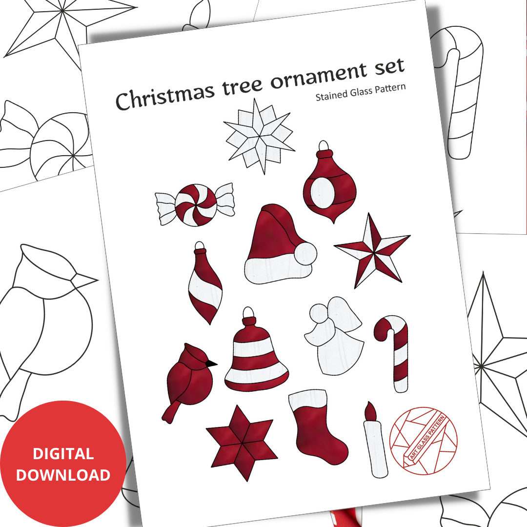 Stained Glass Patterns, Christmas Tree Decoration Set - Pdf throughout Free Printable Christmas Stained Glass Patterns