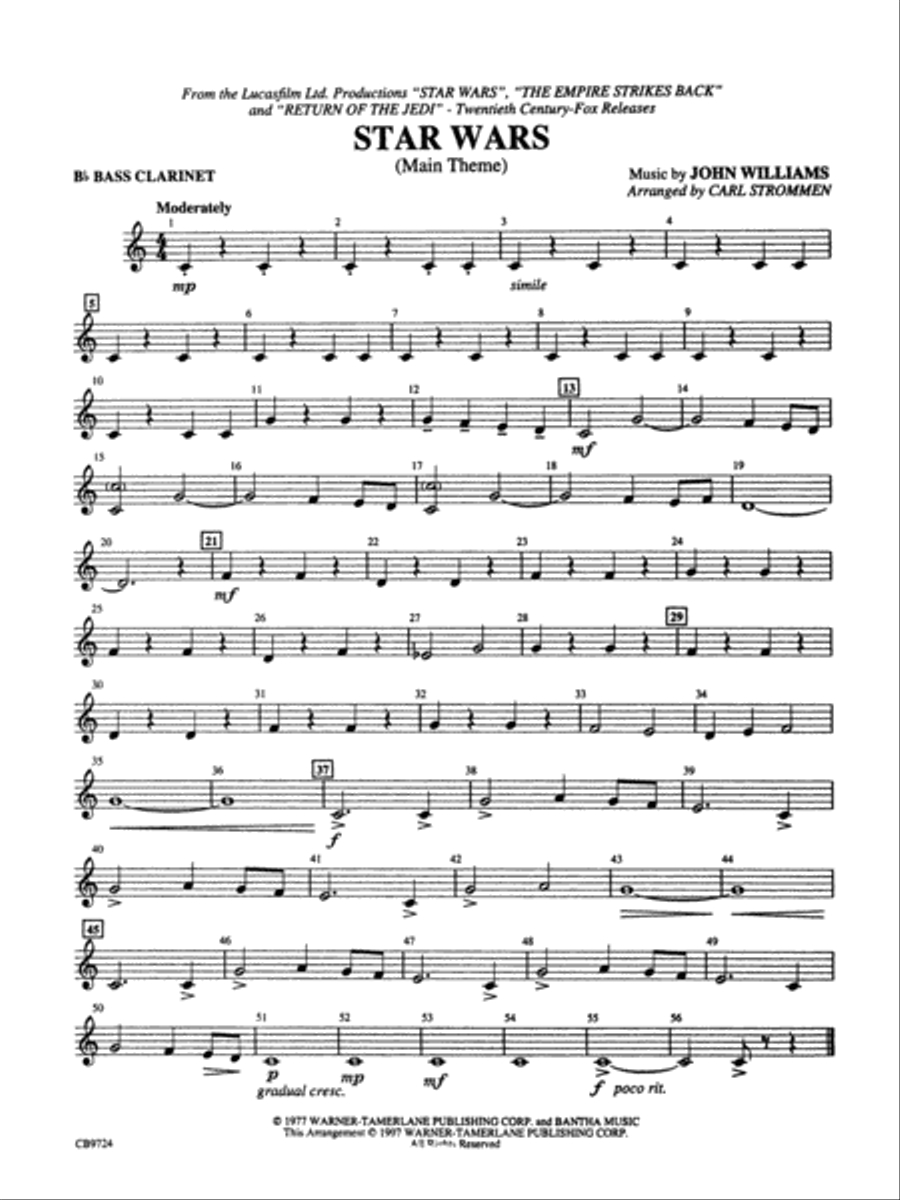 Star Wars Main Theme: B-Flat Bass Clarinet for Free Printable Star Wars Sheet Music For Clarinet