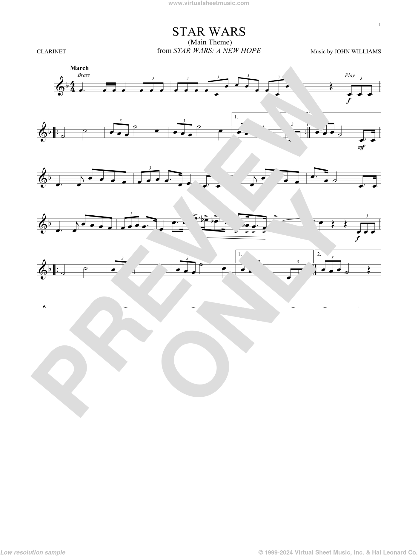 Star Wars (Main Theme) Sheet Music For Clarinet Solo (Pdf) throughout Free Printable Star Wars Sheet Music For Clarinet