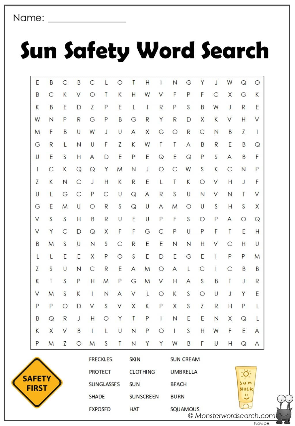 Sun Safety Word Search - Monster Word Search with regard to Free Printable Summer Safety Worksheets