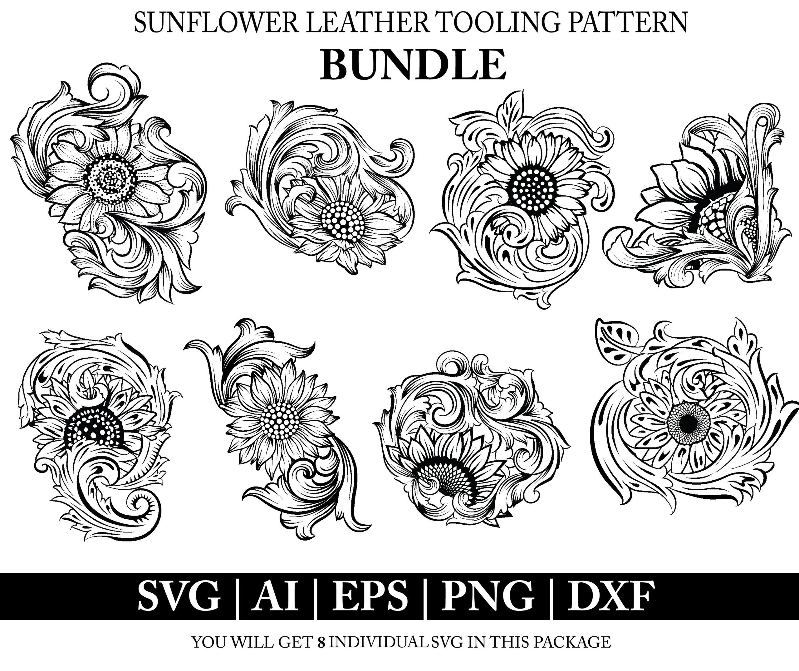 Sunflower Leather Tooling Svg Bundle: Western Flower Carving for Printable Leather Carving Patterns