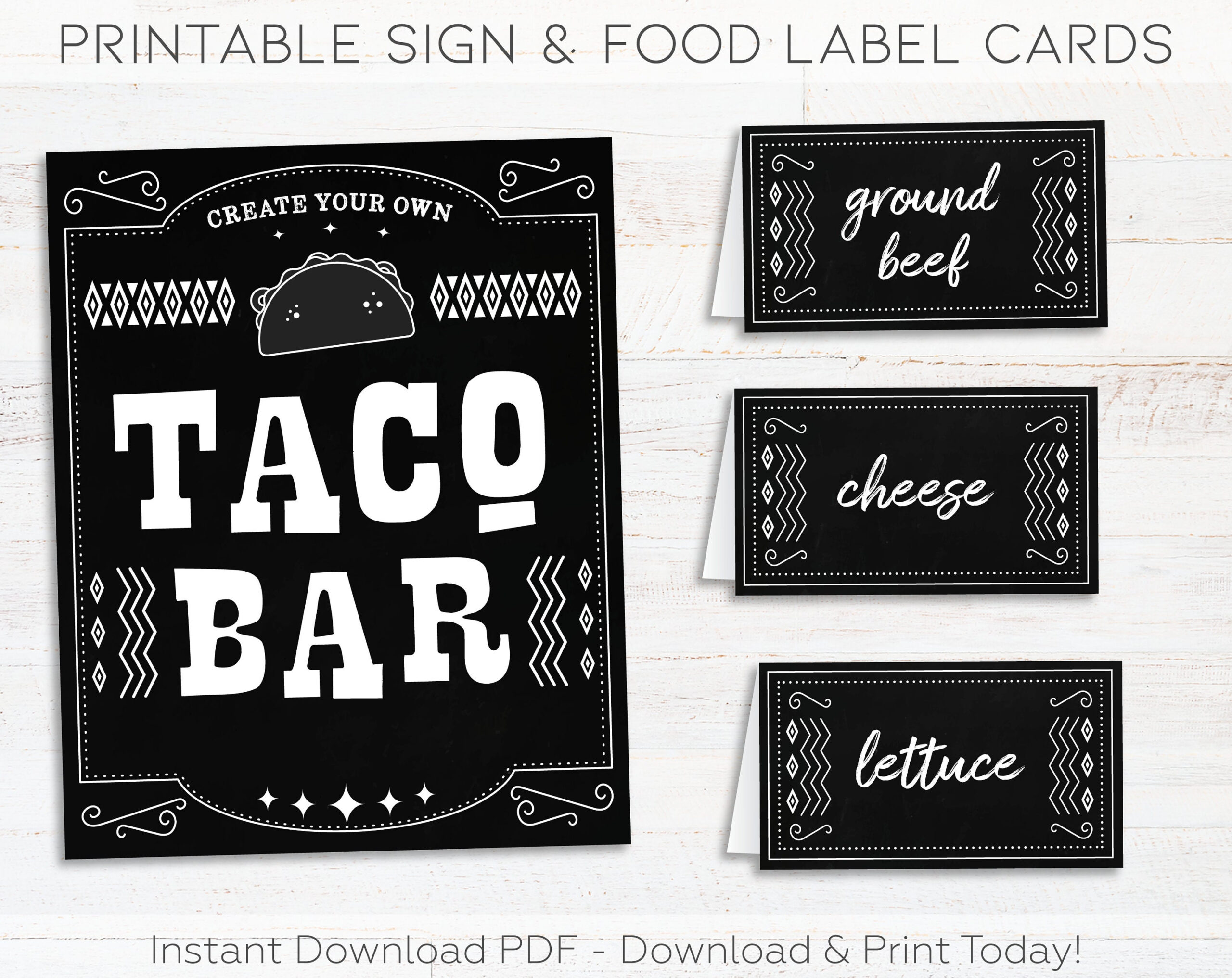 Taco Bar Sign & Taco Bar Label Tent Cards, Taco Bar Printable with Free Printable Taco Bar Labels