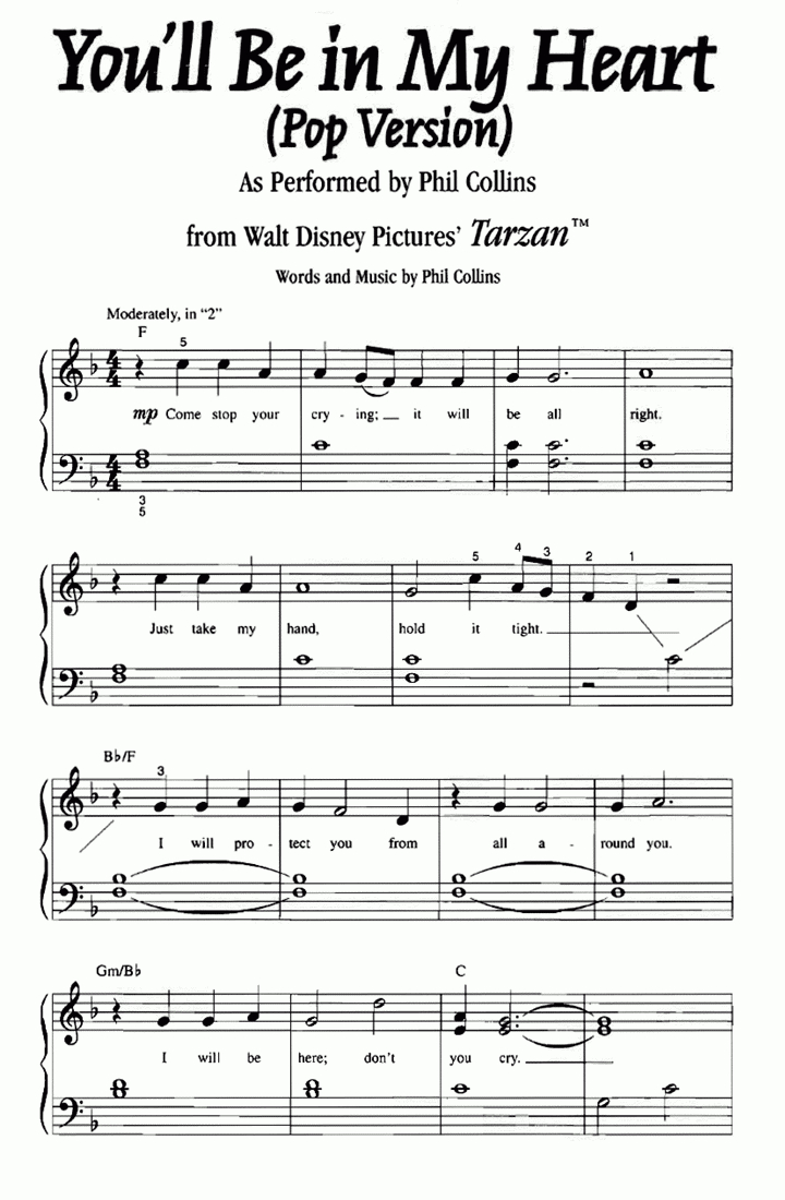Tarzan You&amp;#039;Ll Be In My Heart Easy Piano Sheet Music | Easy Sheet Music for Free Printable Disney Piano Music