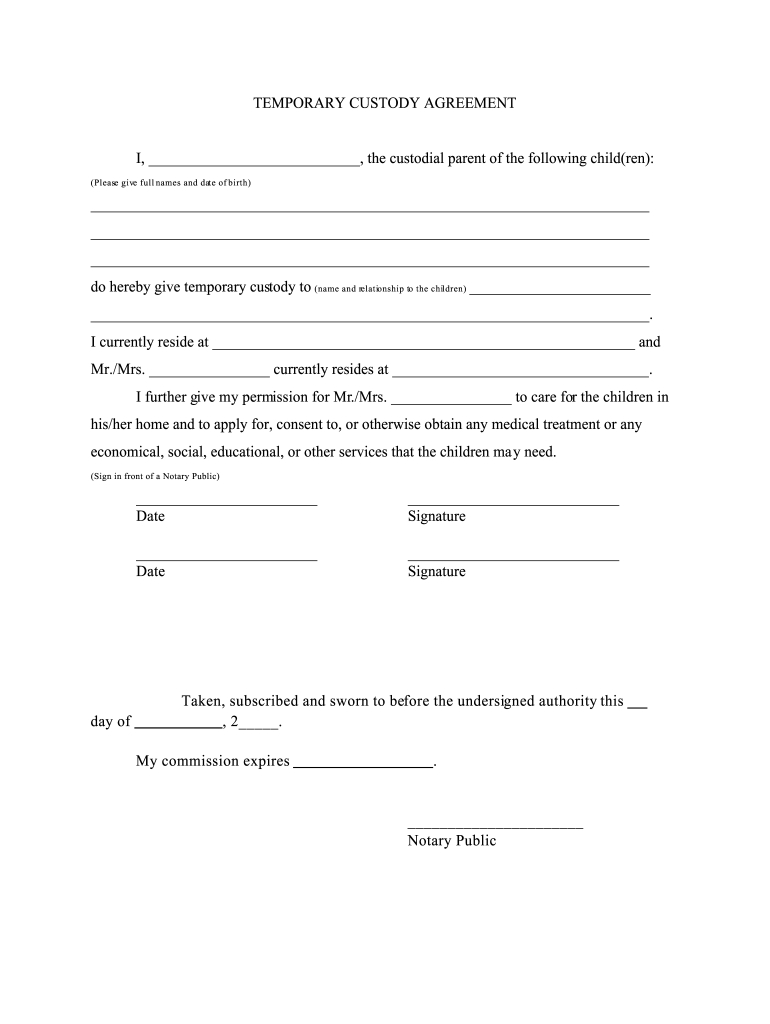 Temporary Custody Agreement Form - Fill Online, Printable for Free Temporary Guardianship Template