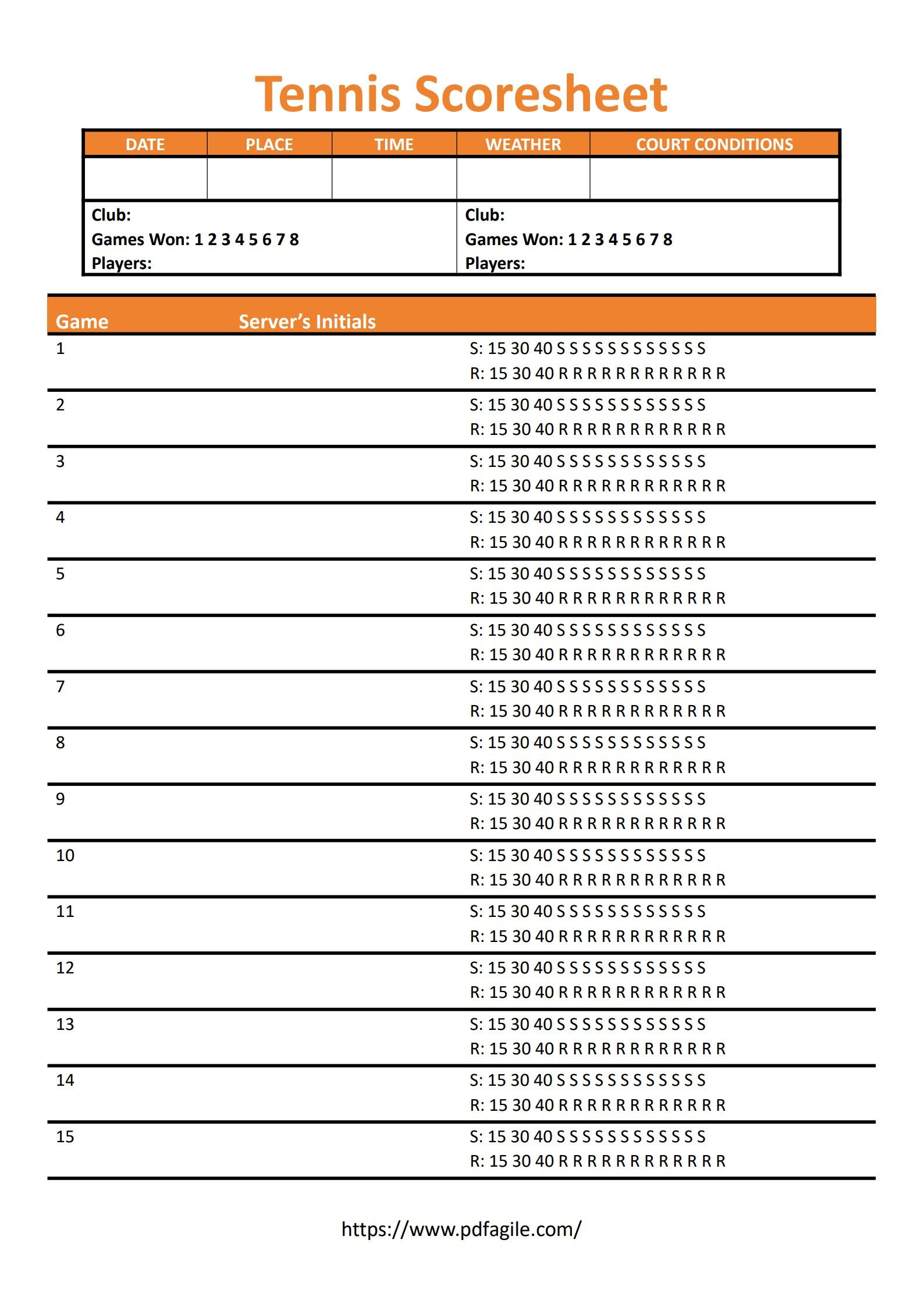 Tennis Scoresheet Template | Pdf Agile inside Free Printable Tennis Score Sheets