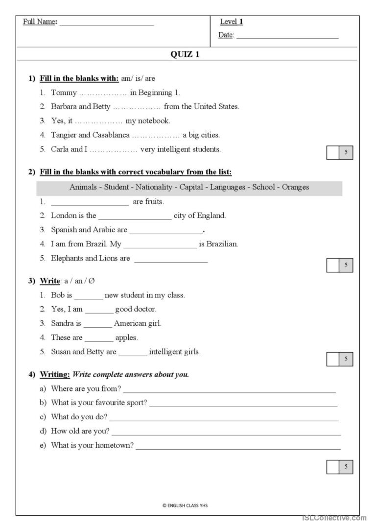 Test 1 For Beginners: English Esl Worksheets Pdf &amp;amp; Doc with Free Esl Assessment Test Printable